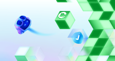 Copilot moves through a decorative field of floating cubes marked with sync and check icons.