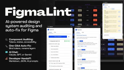 A screenshot showcasing FigmaLint, an AI-powered design system auditing and auto-fix tool within Figma, with various UI screens displaying features like component auditing, interactive states, design token usage, and property recommendations.