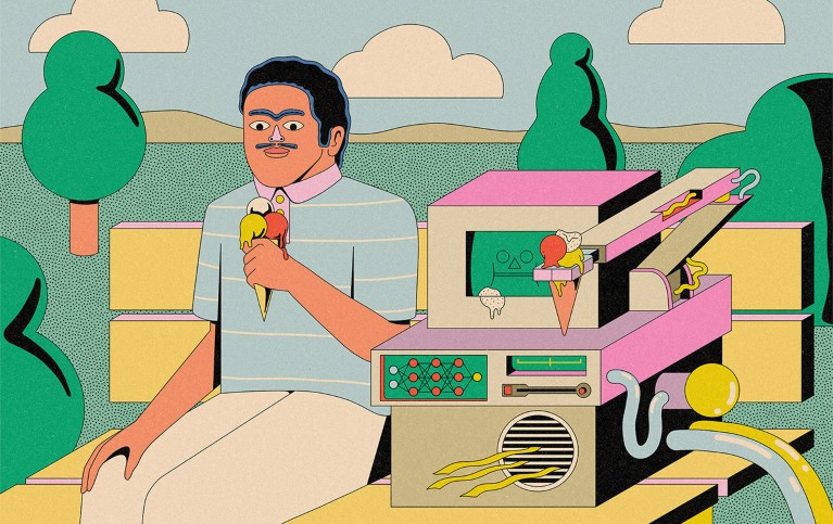 Illustration of a man eating icecream, sitting on a park bench next to a robot with a mechanical arm (also holding an icecream) and a face-like display on which is a splat of icecream.