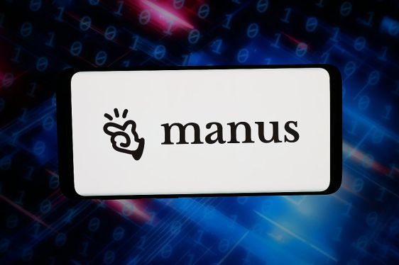 In this photo illustration, the logo of artificial intelligence (AI) agent Manus is displayed on a smartphone in front of abstract background on computer screen.