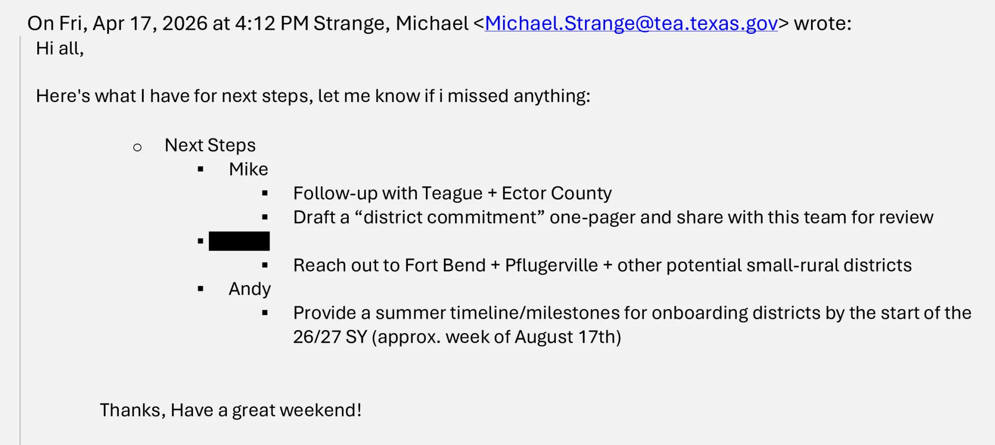 One of Michael Strange’s emails to Alpha associates about launching pilot programs with its AI learning platform in public schools across Texas