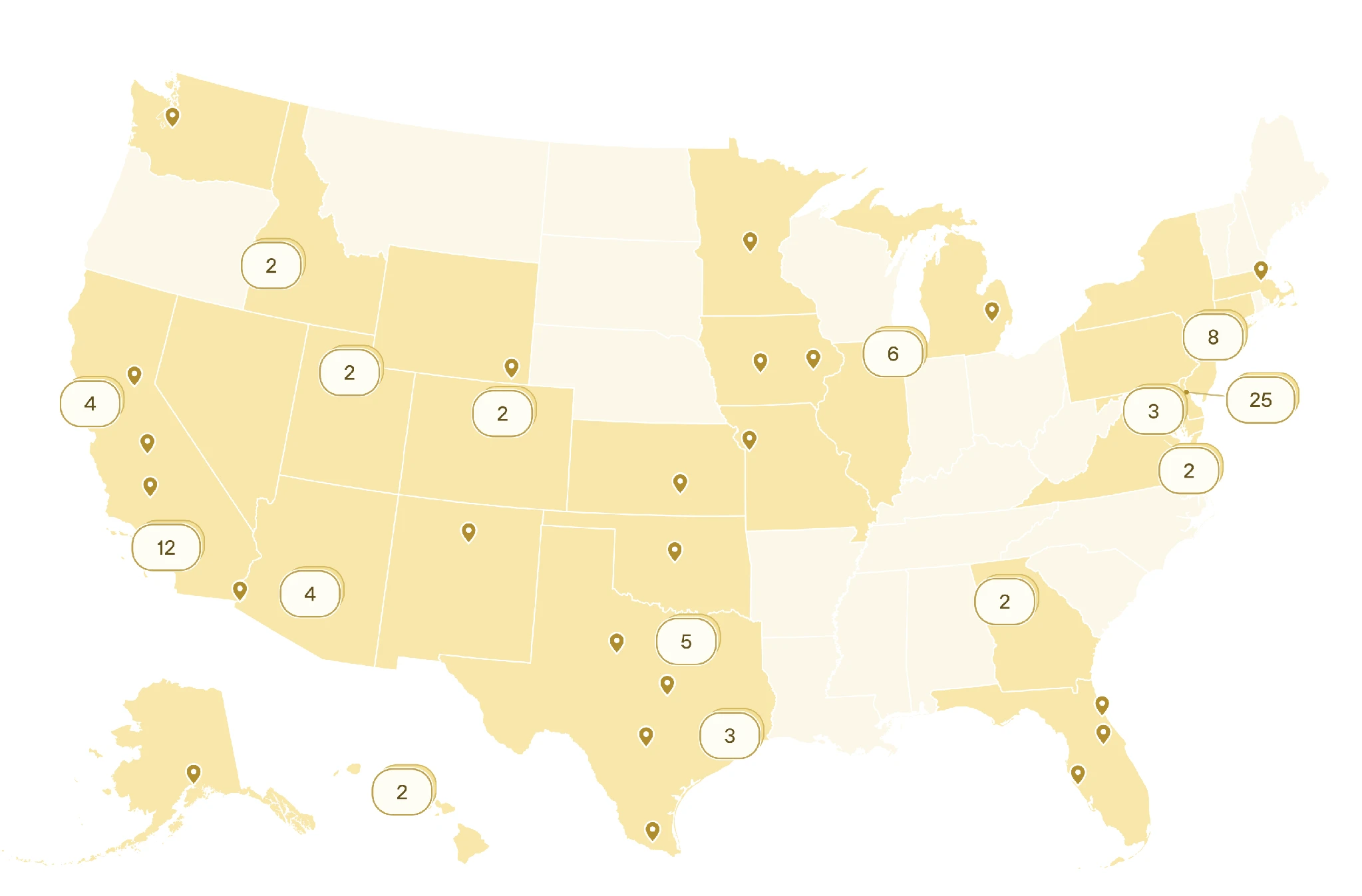 标有合作机构所在地和编号区域集群的美国地图