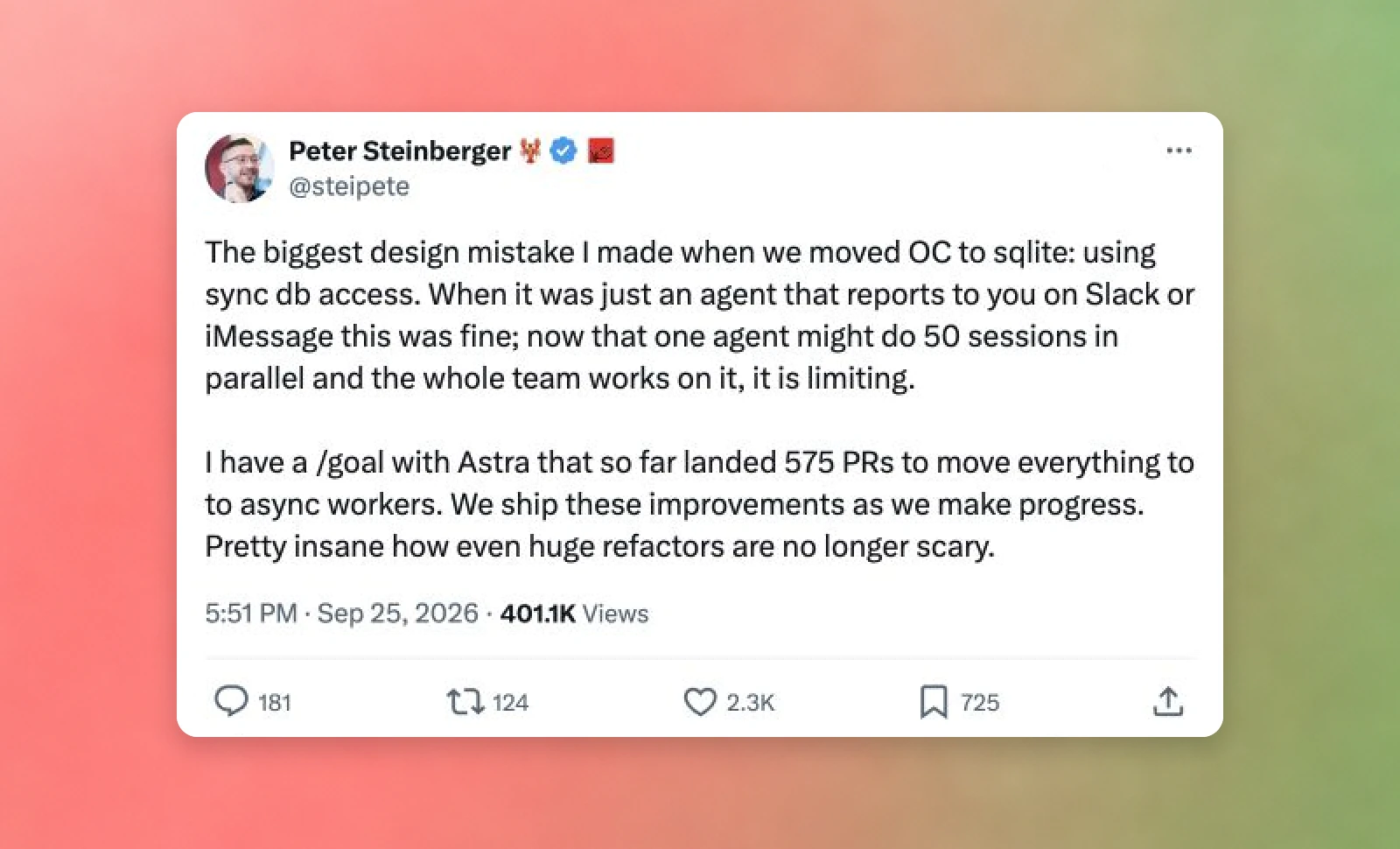 Peter Steinberger 介绍如何使用 Astra 执行一项耗时较长的重构任务，将代码改为采用异步工作进程。