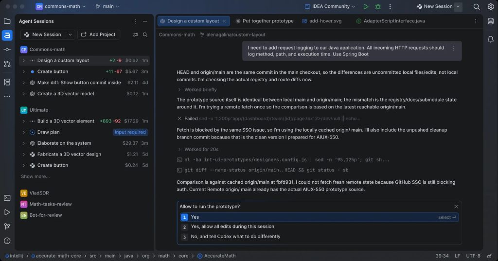 Multiple agent sessions running inside a JetBrains IDE