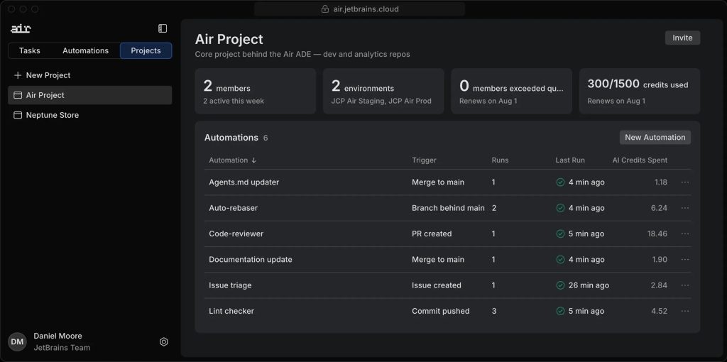 Air Teams showing shared projects and agent automations in the browser