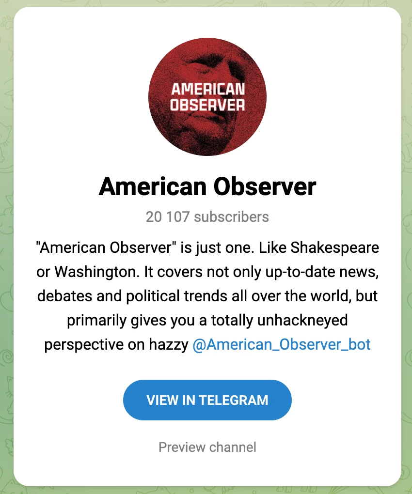 American Observer 的 Telegram 个人资料,其简介使用了不地道的英文措辞。
