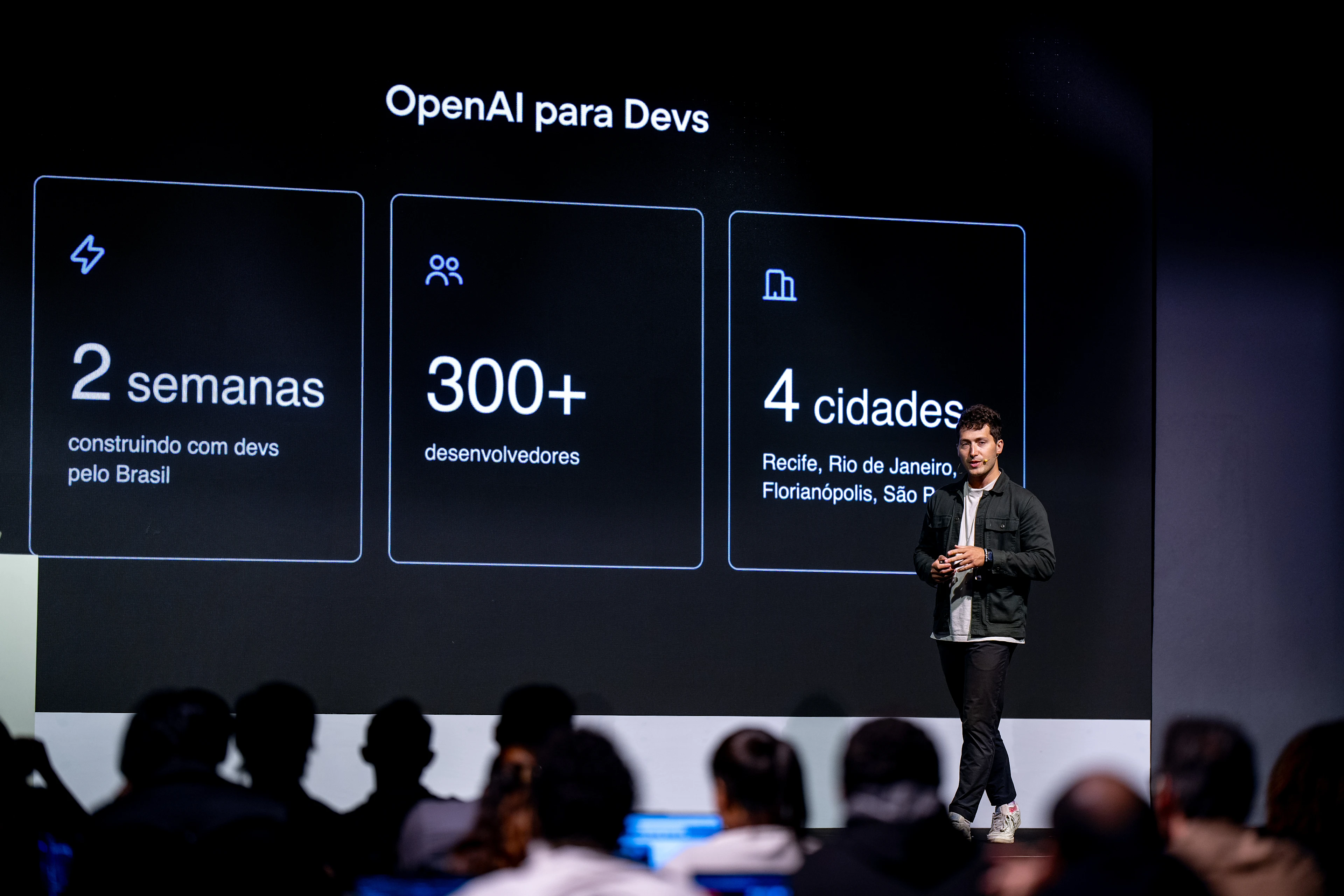 一张 OpenAI para Devs 演示幻灯片重点展示了两周、300 多名开发者和四座城市。