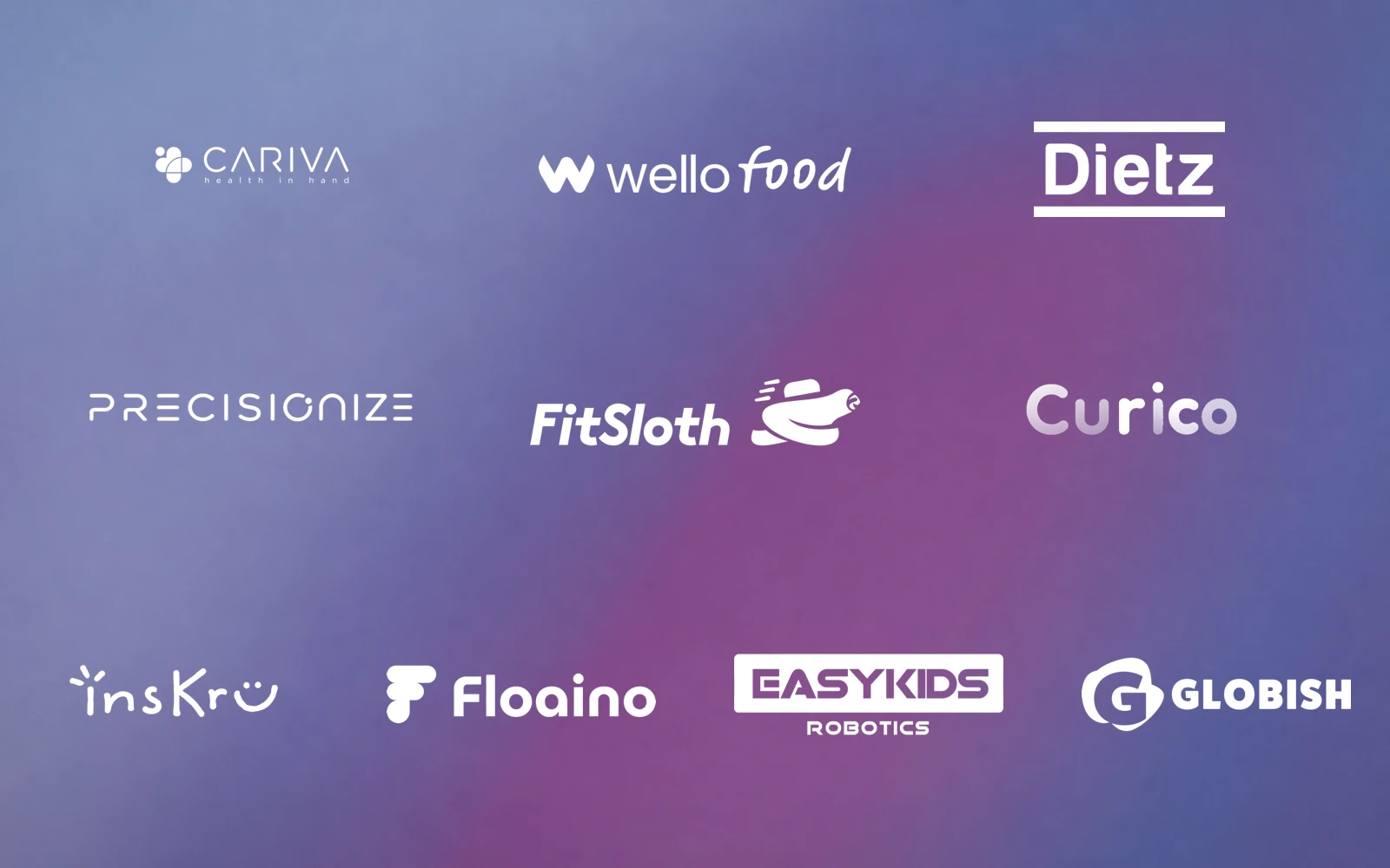 参与 OpenAI x MHESI AI 加速计划的十家初创企业标志:CARIVA、Wello Food、Dietz、Precisionize、FitSloth、Curico、insKru、Floaino、EasyKids Robotics 和 Globish。