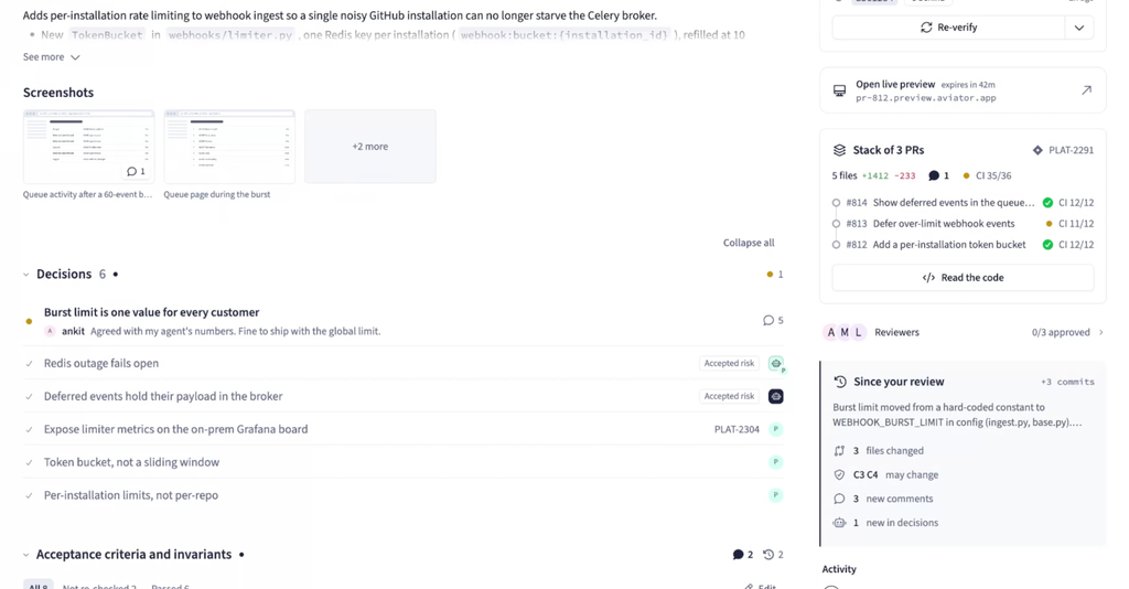 Screenshot of the Aviator decisions UI.
