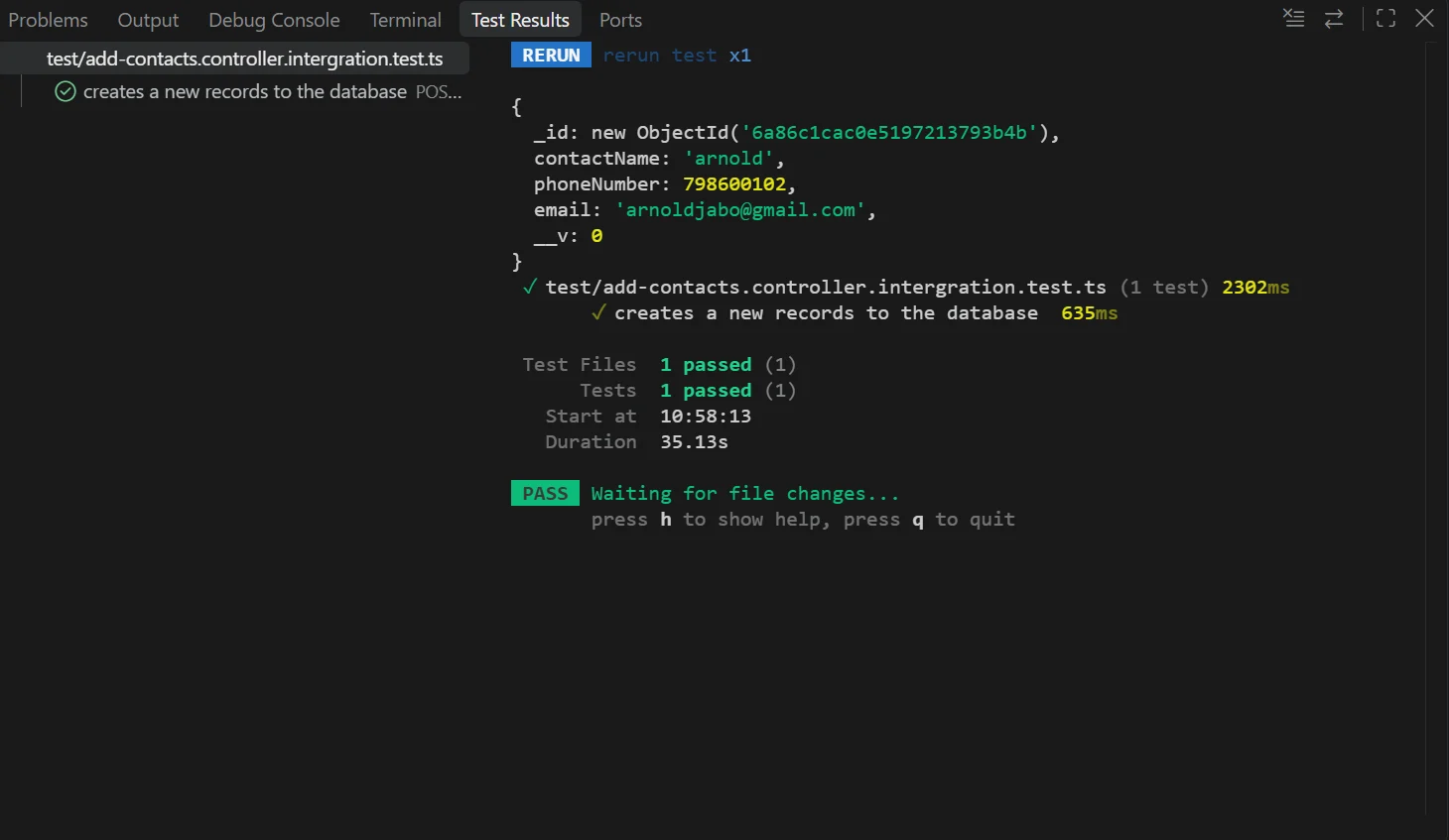 Out-put for integration test with the console log showing how that stored using in memory database looks like when printed to the screen.