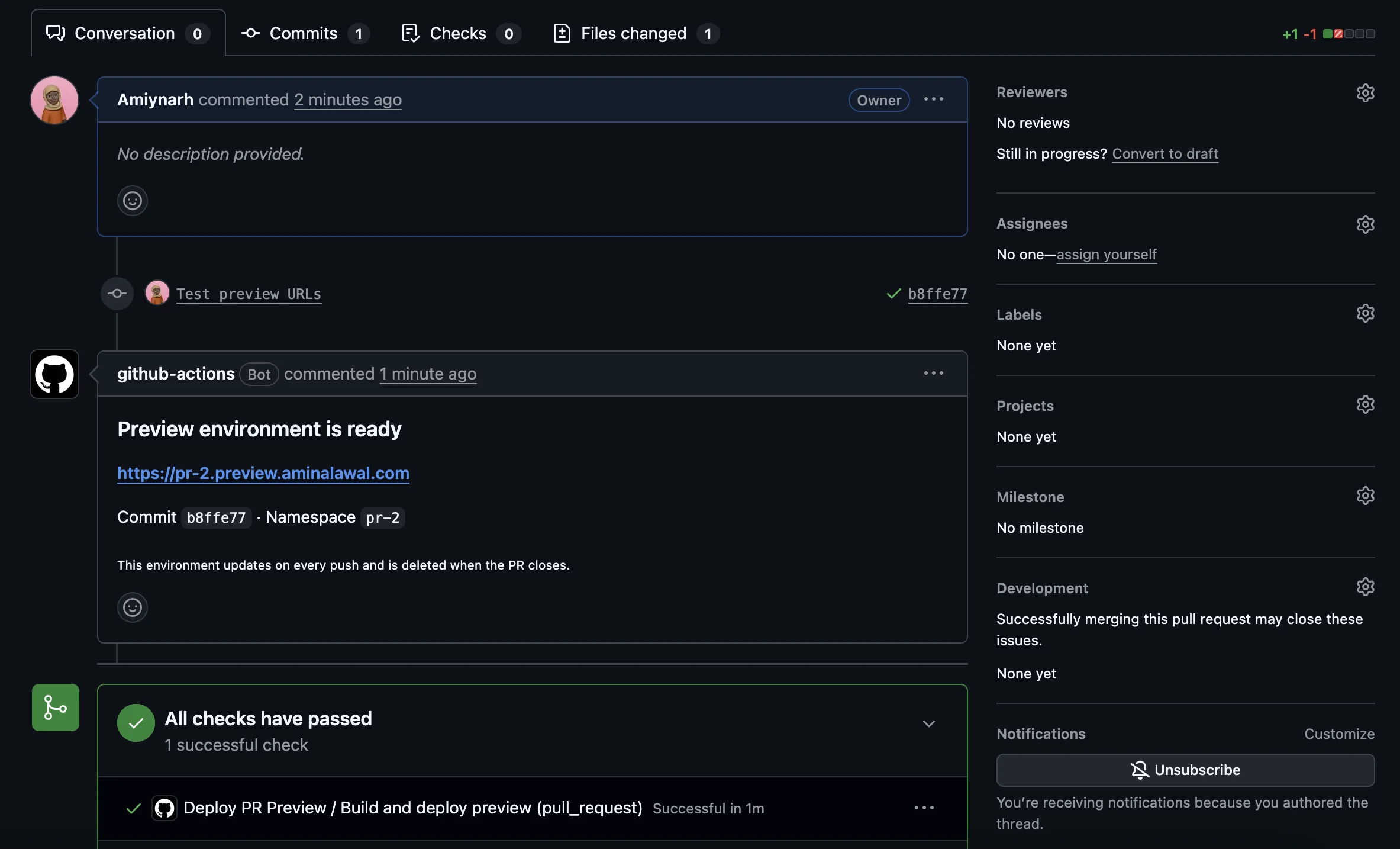 A GitHub pull request thread showing an automated bot comment titled 