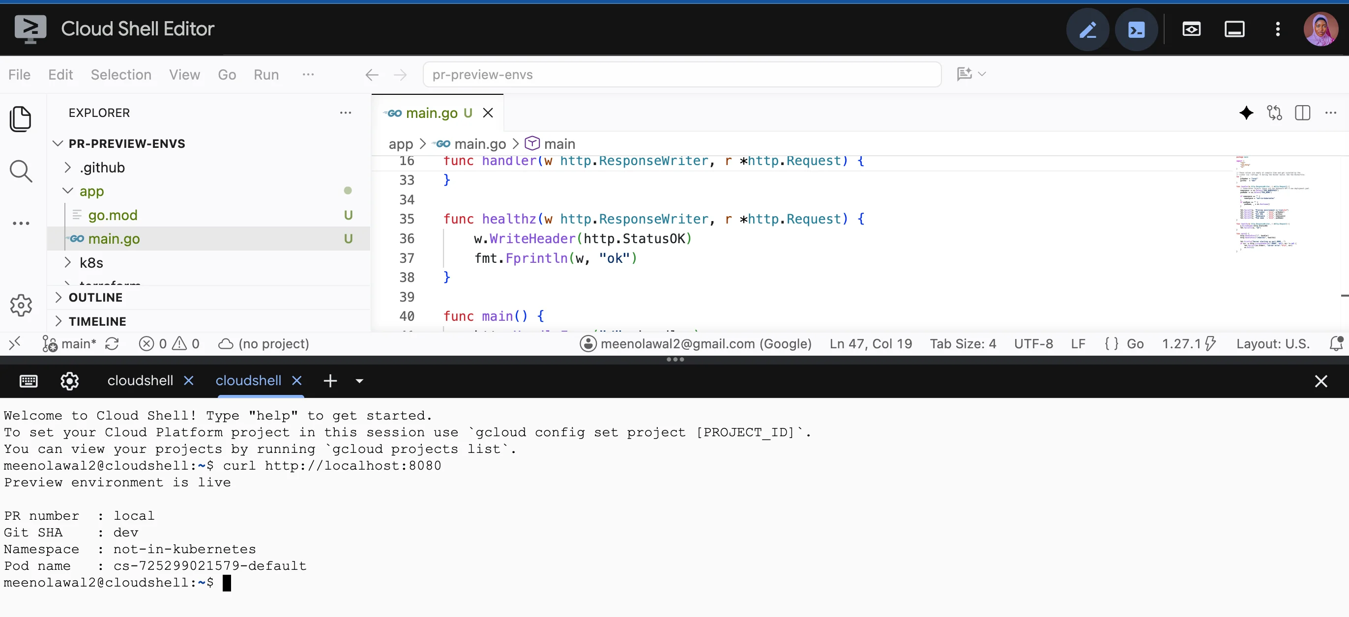 Terminal output from curl showing the application reporting PR number 