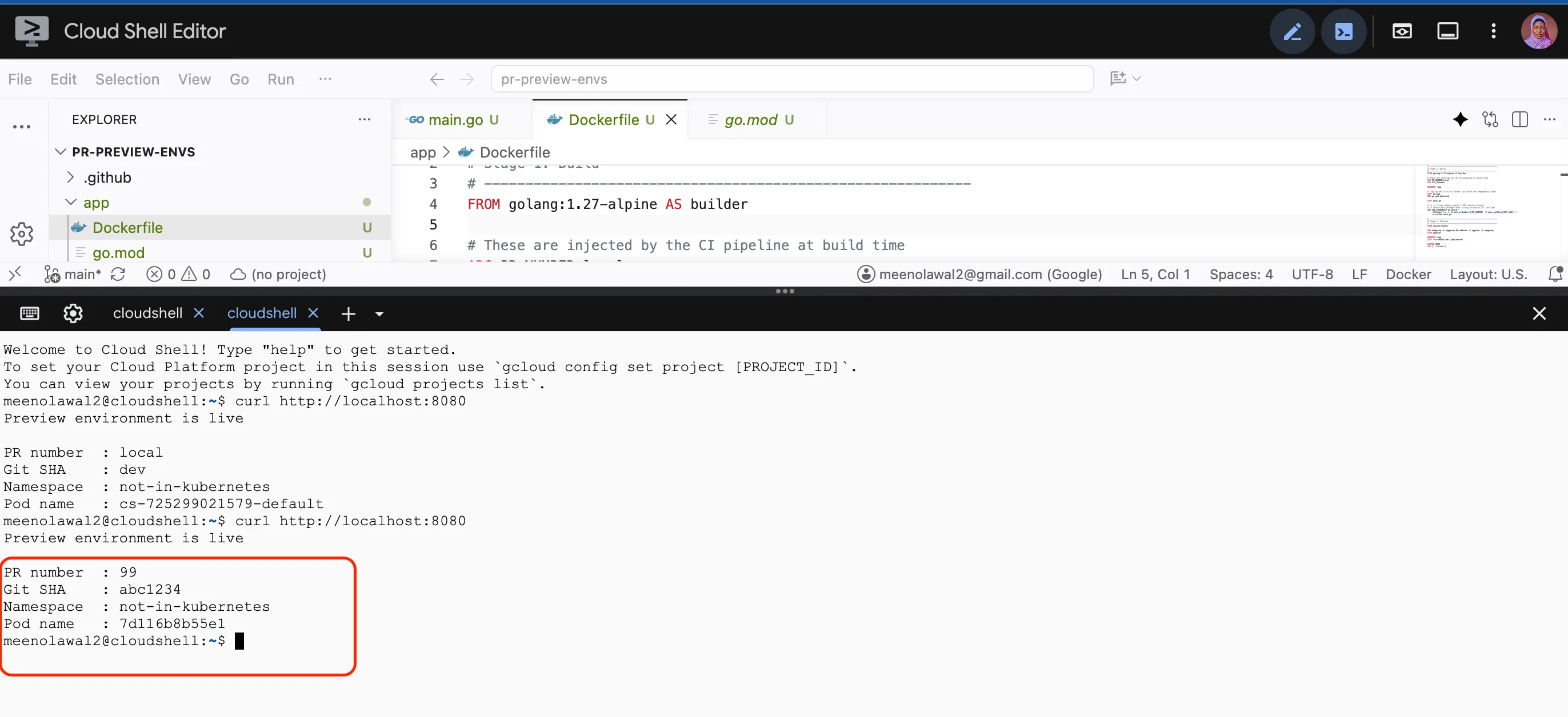Terminal output from curl showing the application reporting PR number 99 and Git SHA abc1234, injected at build time by the Docker build arguments